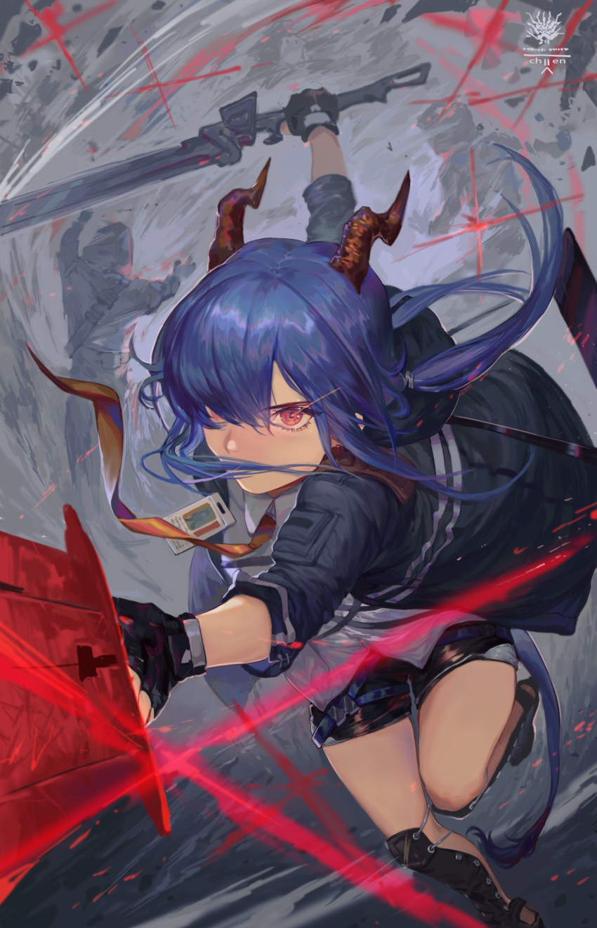 1girl absurdres arknights bingansuan_jiamouren blue_hair blue_jacket ch'en_(arknights) collared_shirt commentary_request dragon_girl dragon_horns dragon_tail highres holding holding_sword holding_weapon horns jacket long_hair looking_at_viewer necktie red_eyes serious shin_guards shirt short_shorts shorts sword tail twintails weapon