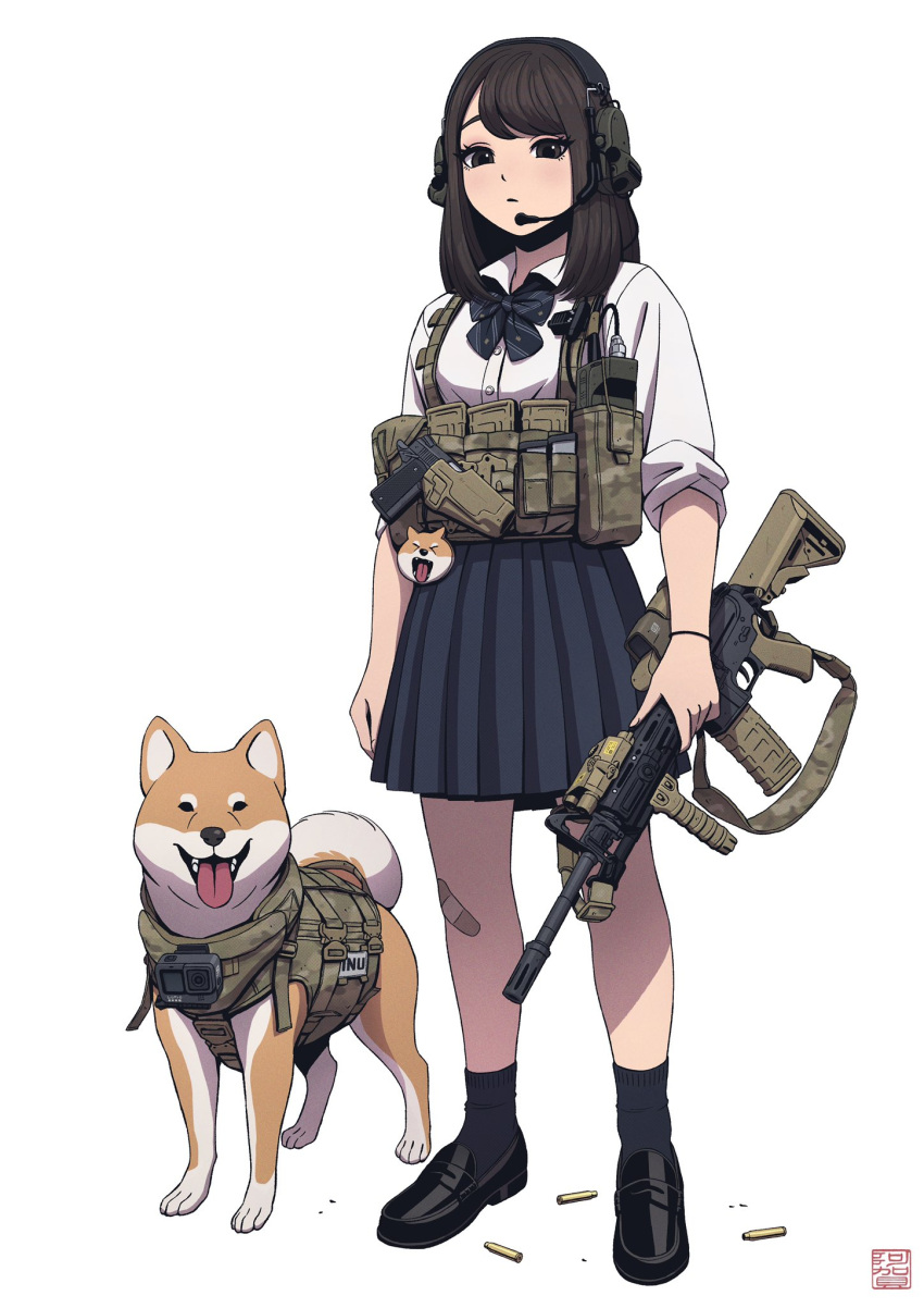 1girl agavoart assault_rifle black_eyes black_footwear black_legwear black_neckwear black_skirt bow bowtie brown_hair collared_shirt dog full_body gun handgun highres holding holding_gun holding_weapon long_hair m1911 m4_carbine open_mouth original pleated_skirt rifle shadow shiba_inu shirt shoes simple_background skirt socks solo standing tongue weapon white_background white_shirt