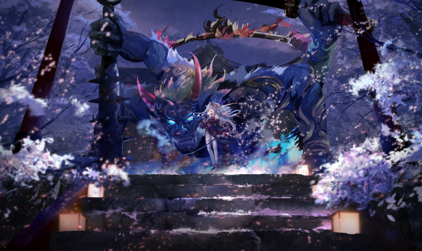 1girl abyssal_ship angel_and_devil aritsuno aura cherry_blossoms claws cleaning_weapon colored_skin demon demon_girl demon_horns evil_smile fire glowing glowing_eye glowing_eyes highres hololive horns katana light_trail long_hair nakiri_ayame pale_skin red_eyes samurai skull skull_mask smile solo sword thigh-highs tree wallpaper weapon weapon_on_back