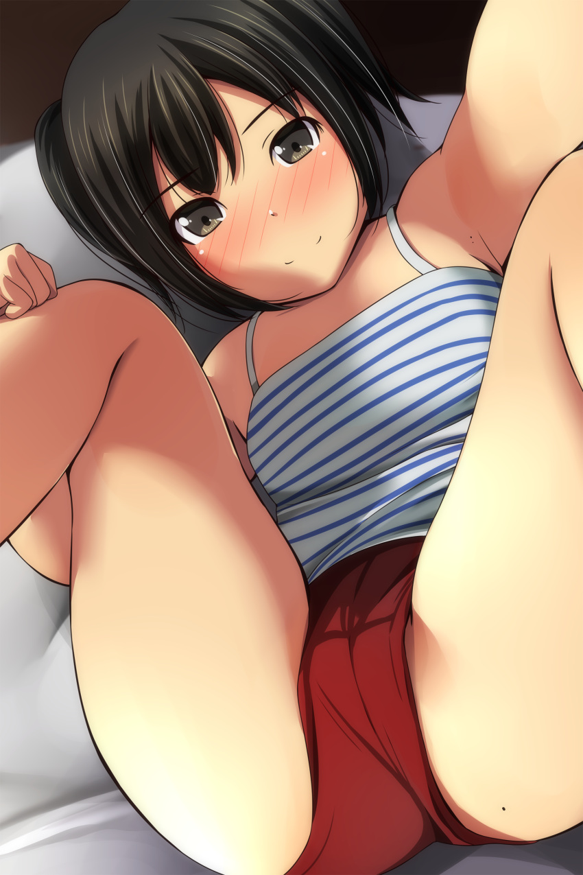 1girl absurdres bangs bare_shoulders black_hair blush brown_eyes camisole closed_mouth eyebrows_visible_through_hair feet_out_of_frame highres knees_up looking_at_viewer lying matsunaga_kouyou mole mole_on_thigh nose_blush on_back original reaching_out red_shorts selfie short_shorts shorts smile solo striped striped_camisole twintails