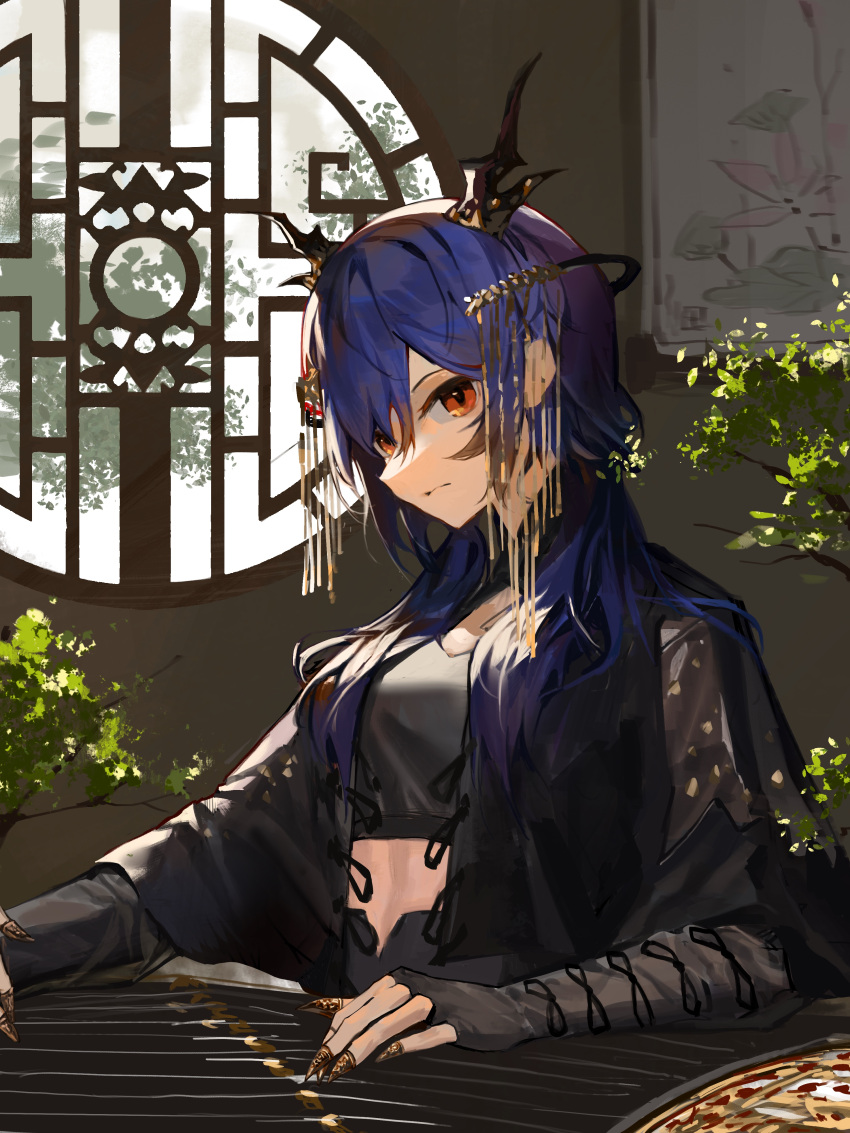 1girl absurdres arknights black_gloves blue_hair bonsai breasts ch'en_(arknights) clay_(clayjun) closed_mouth fingerless_gloves gloves hair_between_eyes hair_ornament hair_over_shoulder highres horns indoors instrument long_hair long_sleeves low_twintails medium_breasts midriff red_eyes shamisen sitting solo twintails