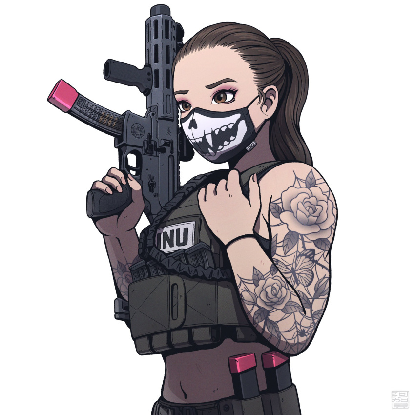 1girl agavoart brown_eyes brown_hair bulletproof_vest eyeliner forehead gun highres holding holding_gun holding_weapon long_hair makeup mask midriff navel original simple_background sleeveless solo tank_top tattoo weapon white_background