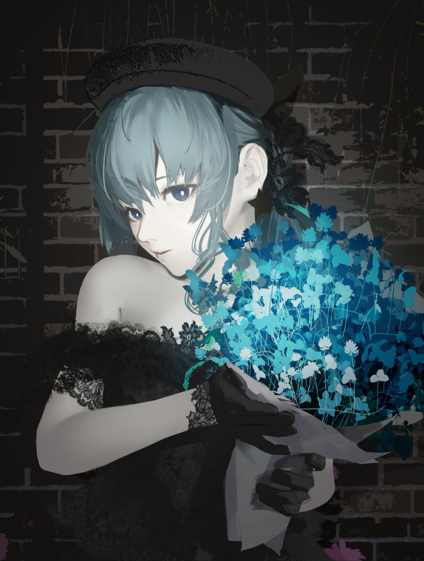 1girl absurdres aqua_hair bangs bare_shoulders black_gloves blue_eyes blue_flower bouquet brick_wall character_request check_character flower gloves highres hololive hoshimachi_suisei looking_at_viewer solo tacshojosora upper_body virtual_youtuber