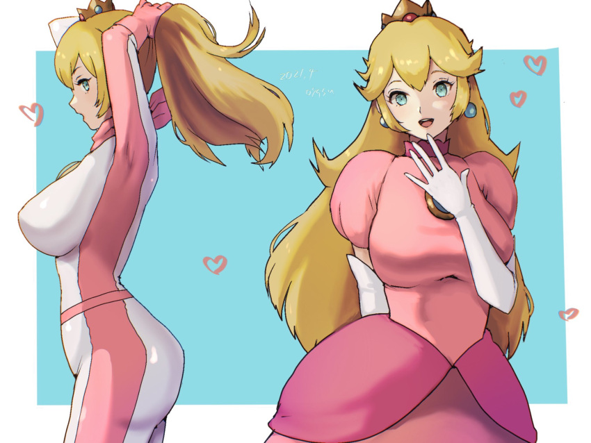 1girl alternate_costume alternate_hairstyle blonde_hair blue_eyes breasts earrings from_side highres jewelry large_breasts looking_at_viewer super_mario_bros. oyasu_(kinakoyamamori) ponytail princess_peach simple_background tying_hair