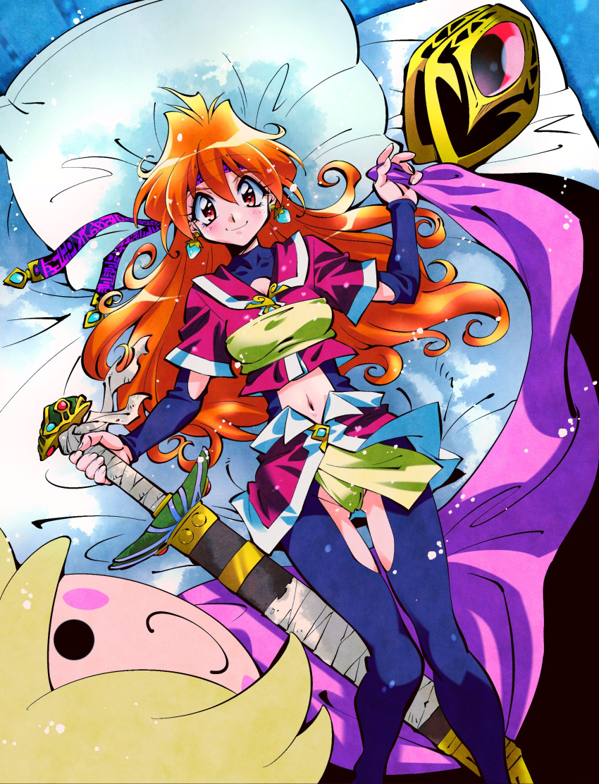1girl absurdres araizumi_rui armor_removed bangs blush bodysuit cape crystal_earrings earrings feet_out_of_frame gourry_gabriev headband highres holding holding_cape holding_sword holding_weapon jewelry lina_inverse long_hair looking_at_viewer lying navel objectification official_art on_back on_bed pelvic_curtain photoshop_(medium) pillow redhead slayers smile solo sword weapon