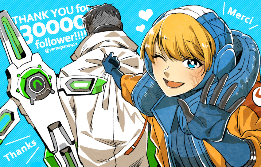 1boy 1girl apex_legends bangs black_hair blonde_hair blue_background blue_gloves blue_headwear blush bright_pupils crypto_(apex_legends) drone eyebrows_visible_through_hair french_text gloves green_sleeves hack_(apex_legends) heart highres hood jacket jacket_pull lichtenberg_figure milestone_celebration mozuwaka one_eye_closed scar scar_on_cheek scar_on_face science_fiction smile wattson_(apex_legends) waving white_jacket white_pupils