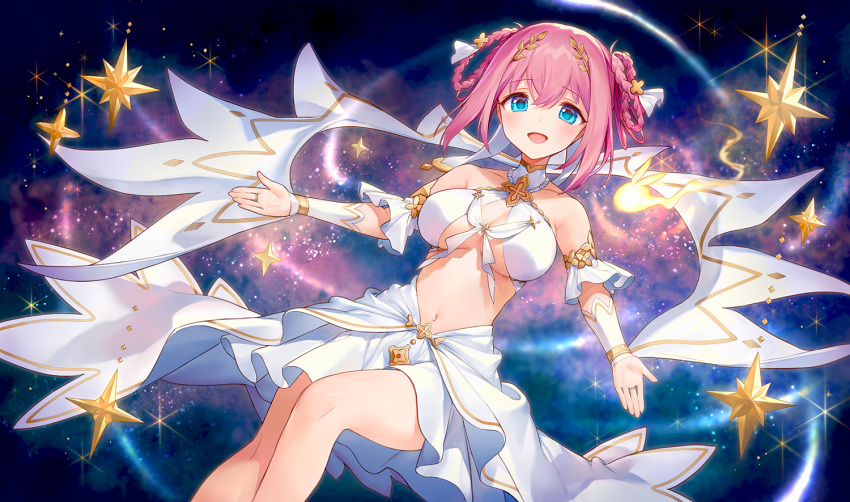 1girl ainy bangs bare_shoulders blue_eyes breasts breasts_apart bridal_gauntlets collarbone cross eyebrows_visible_through_hair hair_rings halter_top halterneck large_breasts looking_at_viewer open_mouth pink_hair princess_connect! princess_connect!_re:dive revealing_clothes sidelocks skirt sky smile solo star_(sky) star_(symbol) starry_sky white_skirt yui_(princess_connect!)