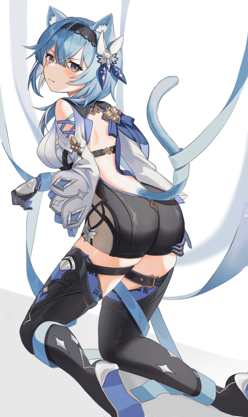 1girl absurdres animal_ears ass backless_outfit blue_hair blush breasts cat_ears cat_tail eula_(genshin_impact) genshin_impact gloves hair_ornament hand_on_own_ass high_heels highres kneeling long_sleeves looking_at_viewer pumpkinnn0301 solo tail thigh-highs wide_sleeves