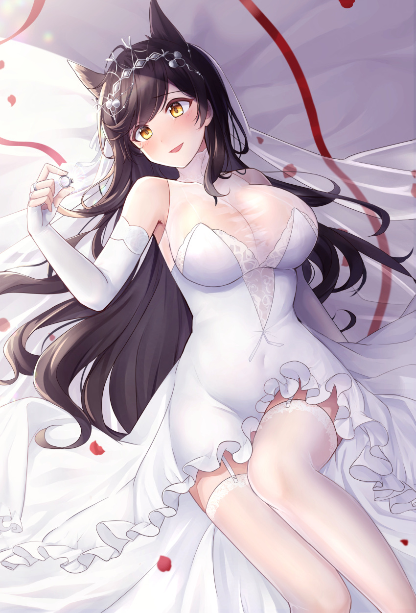 1girl absurdres animal_ears atago_(azur_lane) azur_lane bangs bare_shoulders black_hair blush breasts dog_ears dress elbow_gloves eyebrows_visible_through_hair feet_out_of_frame fingerless_gloves frilled_dress frills garter_straps gloves highres holding holding_ring jewelry jyu-so large_breasts long_hair lying official_alternate_costume on_back parted_lips petals red_ribbon ribbon ring see-through smile solo tears thigh-highs veil wedding_dress wedding_ring white_dress white_gloves white_legwear