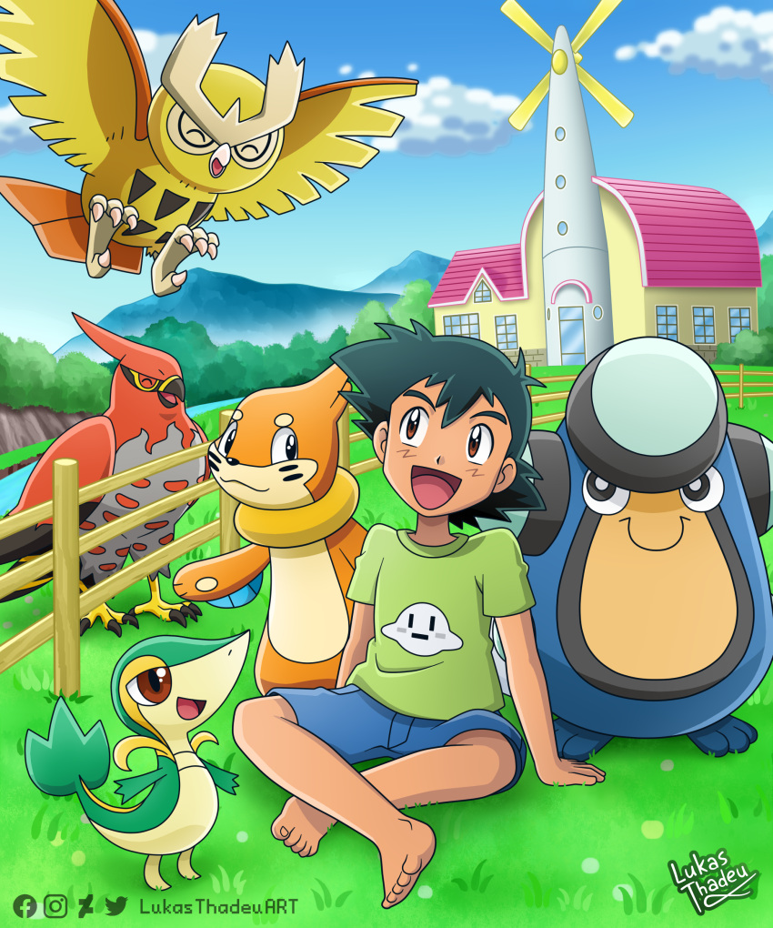 absurdres ash_ketchum black_hair blue_shorts brown_eyes buizel crossed_legs gen_1_pokemon gen_2_pokemon gen_4_pokemon gen_5_pokemon gen_6_pokemon green_shirt hands_on_ground highres lukas_thadeu no_hat no_headwear noctowl open_mouth palpitoad pikachu pokemon pokemon_(anime) pokemon_(creature) print_shirt shirt shorts signature sitting snivy sparkling_eyes spiky_hair tagme talonflame twitter_username