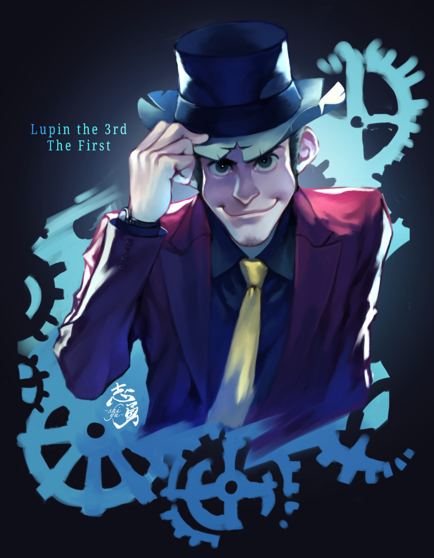 1boy arsene_lupin_iii black_headwear black_shirt collared_shirt copyright_name hand_up highres jacket looking_at_viewer lupin_iii lupin_iii:_the_first necktie red_jacket shirt shiyuu_(shiyu) signature smile solo upper_body watch watch yellow_neckwear