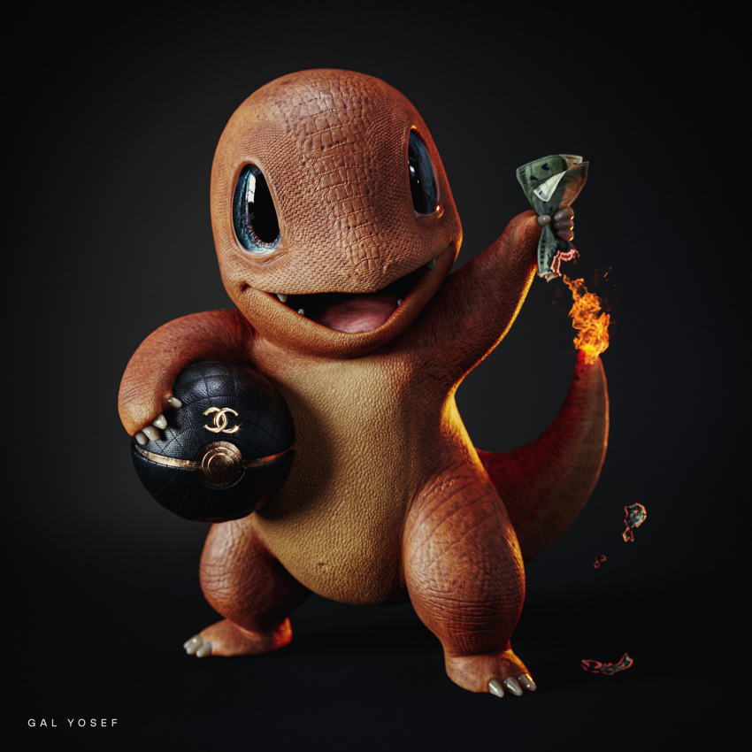 3d blue_eyes burning chanel charmander claws commentary english_commentary fang fangs fire galyosef gen_1_pokemon highres holding looking_at_viewer money open_mouth poke_ball pokemon realistic scales solo standing tagme