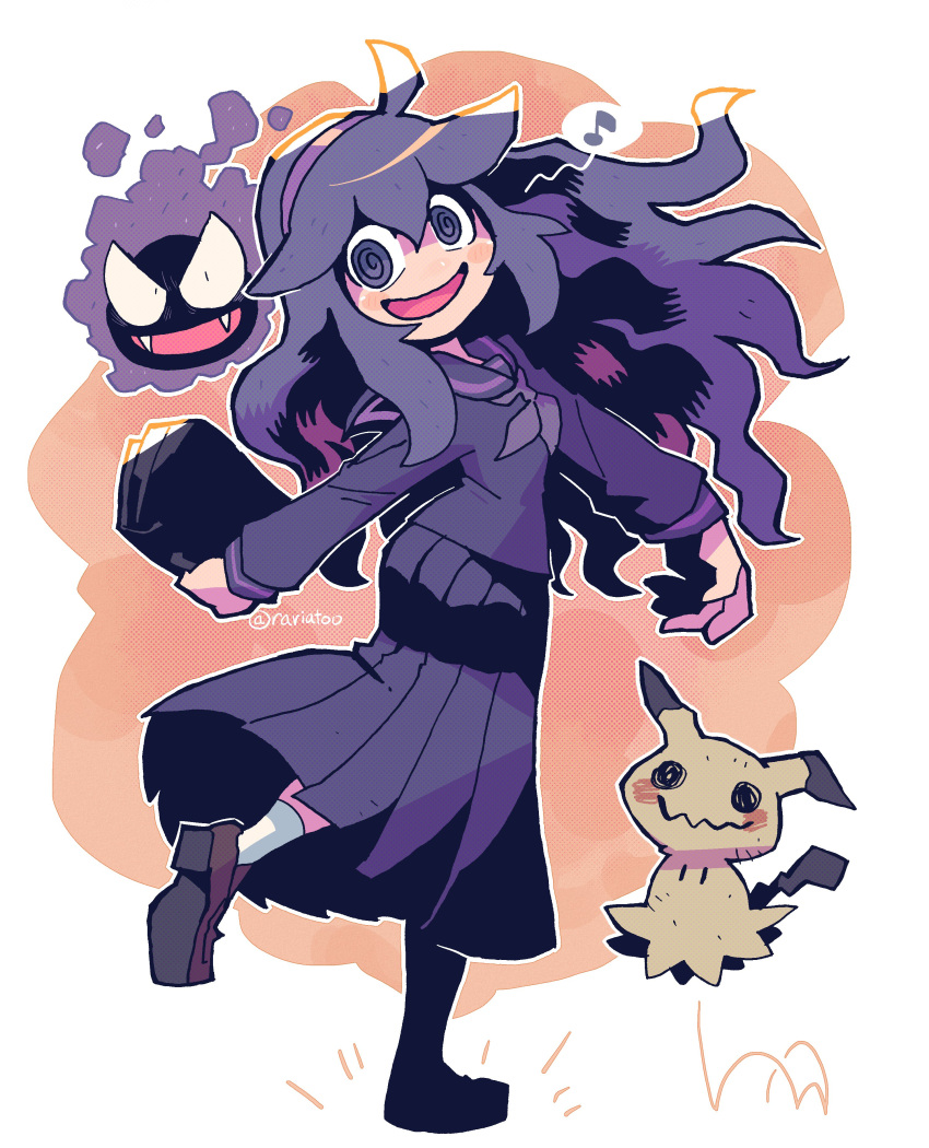 1girl @_@ absurdres book dress gastly gen_1_pokemon gen_7_pokemon hex_maniac_(pokemon) highres looking_at_viewer mimikyu musical_note open_mouth pleated_dress pokemon purple_hair rariatto_(ganguri) school_uniform shoes smile socks violet_eyes wavy_hair