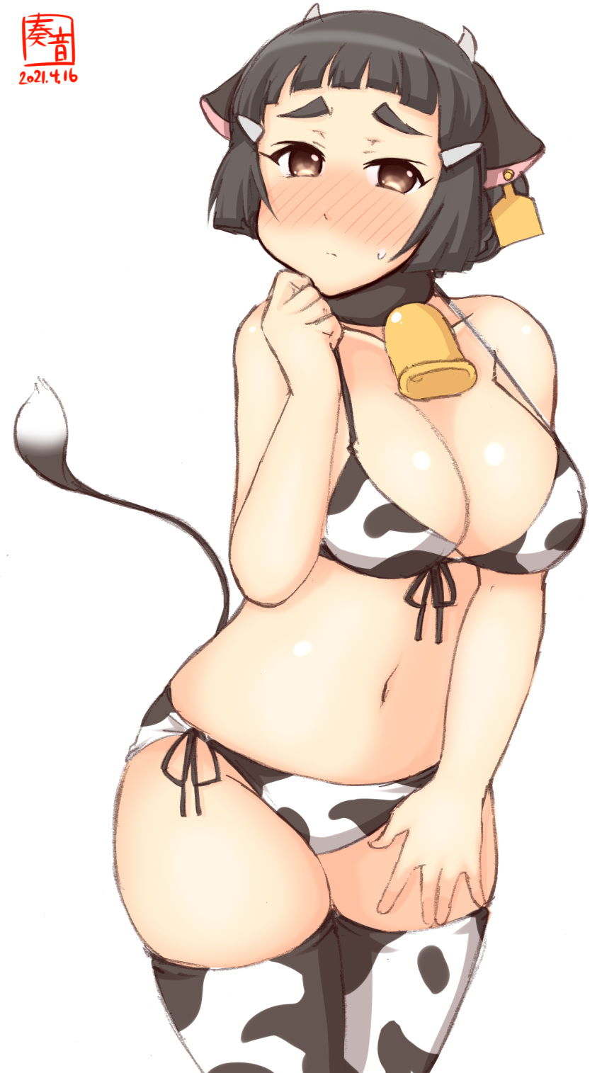 1girl alternate_costume animal_print artist_logo bikini braid braided_bun breasts brown_eyes brown_hair commentary_request cow_print cowboy_shot dated front-tie_top hair_bun highres kanon_(kurogane_knights) kantai_collection large_breasts long_hair looking_at_viewer myoukou_(kancolle) one-hour_drawing_challenge side-tie_bikini simple_background solo swimsuit thick_eyebrows thigh-highs white_background white_bikini white_legwear