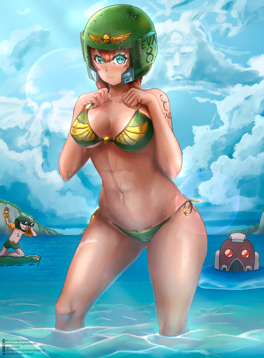 1girl 2boys abs absurdres bikini blue_eyes braid breasts brown_hair clouds day emperor_of_mankind english_commentary face_cloud green_bikini hair_between_eyes helmet highres huge_filesize lens_flare leonard_goog looking_at_viewer medium_breasts mole mole_on_breast multiple_boys navel ocean pubic_tattoo scar short_braid short_hair shoulder_tattoo side-tie_bikini skull smile solo_focus space_marines spaghetti_strap strap_gap strap_pull swimsuit tan tattoo thick_thighs thighs toned twin_braids under_boob wading warhammer_40k wet when_you_see_it wide_hips