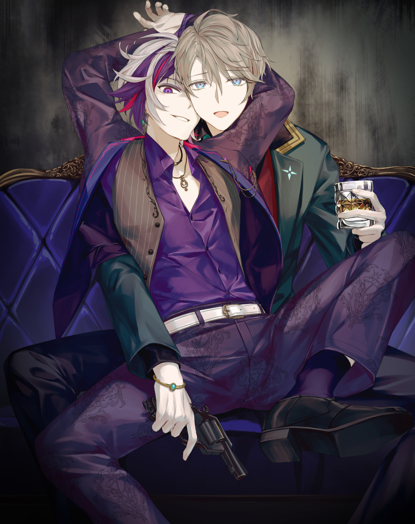 2boys :d absurdres arms_up bangs belt belt_buckle black_footwear black_jacket blue_eyes brown_hair brown_vest buckle collared_shirt commentary_request couch cup dress_shirt drink drinking_glass eyebrows_visible_through_hair fuwa_minato grey_hair gun hair_between_eyes highres holding holding_cup holding_gun holding_weapon jacket jh kaida_haru long_sleeves looking_at_viewer male_focus multicolored_hair multiple_boys nijisanji on_couch open_clothes open_jacket open_mouth pants parted_lips purple_hair purple_jacket purple_legwear purple_pants purple_shirt redhead revolver shirt shoes sitting sitting_on_lap sitting_on_person smile socks streaked_hair striped striped_vest vertical-striped_vest vertical_stripes vest violet_eyes virtual_youtuber weapon white_belt