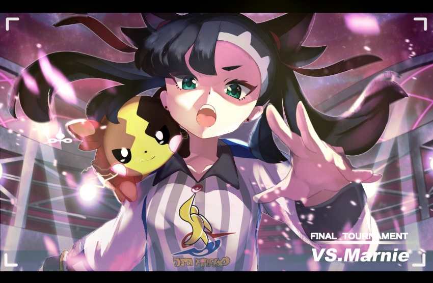 asymmetrical_bangs bangs black_hair camera camera_lens character_name earrings gen_8_pokemon green_eyes gym_challenge_uniform hair_ribbon highres jewelry lights marnie_(pokemon) medium_hair morpeko morpeko_(full) open_mouth pokemon pokemon_(game) pokemon_swsh ribbon twintails umiru