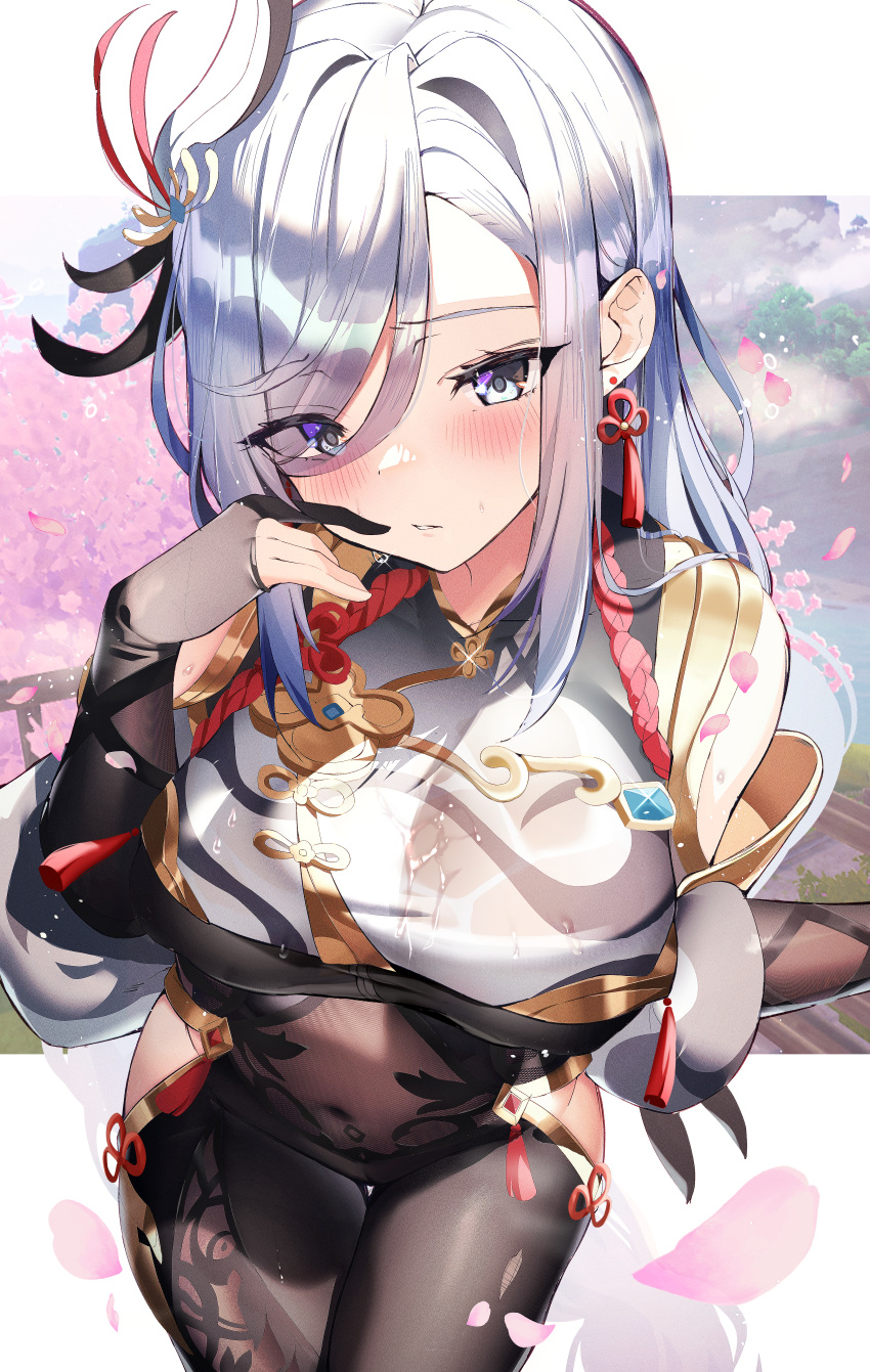 1girl absurdres bangs blue_eyes blush bodysuit breasts bridal_gauntlets cherry_blossoms chinese_clothes covered_navel earrings eyebrows_visible_through_hair eyes_visible_through_hair falling_petals fantongjun genshin_impact gold_trim hair_ornament hair_over_one_eye hand_up highres hip_vent jewelry parted_lips petals shenhe_(genshin_impact) silver_hair solo sweat tassel tassel_earrings thigh_gap wet