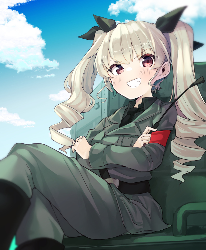 1girl anchovy_(girls_und_panzer) anzio_military_uniform bangs belt black_belt black_neckwear black_ribbon black_shirt blue_sky boots carro_armato_p40 clouds cloudy_sky commentary crossed_arms crossed_legs day dress_shirt drill_hair eyebrows_visible_through_hair girls_und_panzer green_hair grey_jacket grey_pants grin ground_vehicle hair_ribbon highres jacket knee_boots long_hair long_sleeves looking_at_viewer military military_uniform military_vehicle motor_vehicle necktie on_vehicle outdoors pants red_eyes ribbon riding_crop sam_browne_belt shirt sitting sky smile solo tank twin_drills twintails uniform wing_collar yunekoko