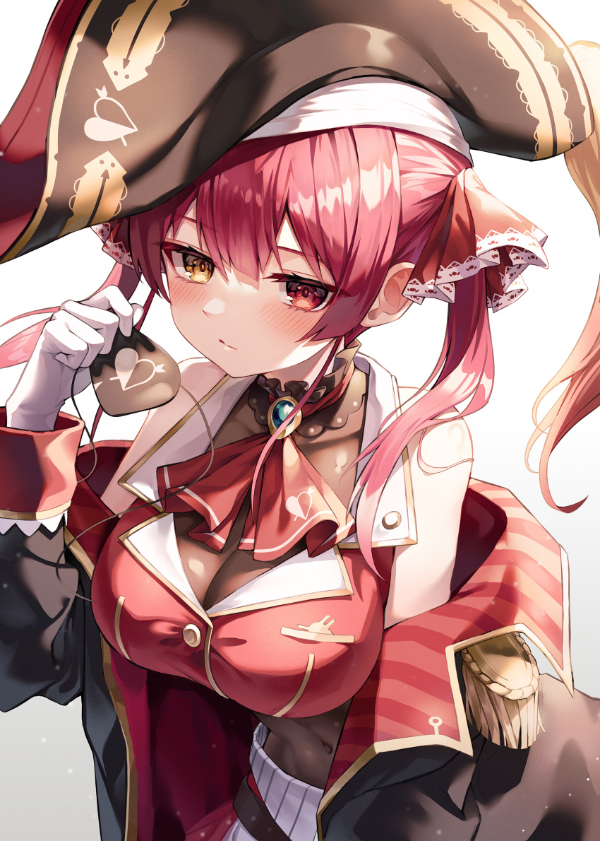 1girl absurdres ascot black_headwear black_jacket blush breasts closed_mouth covered_navel epaulettes gloves gradient grey_background hair_ribbon hat heterochromia highres holding hololive houshou_marine jacket large_breasts looking_at_viewer myung_yi pirate_hat red_eyes red_neckwear red_ribbon redhead ribbon solo virtual_youtuber white_background white_gloves yellow_eyes