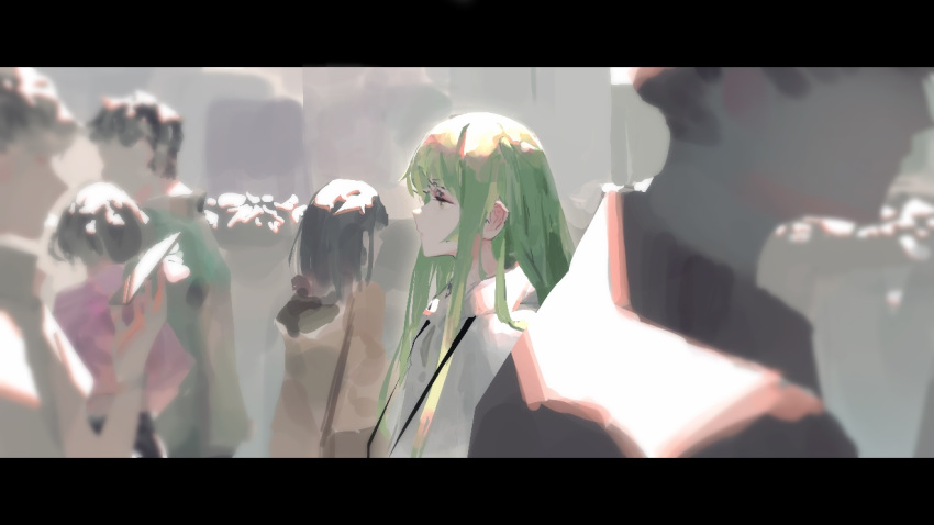 1other androgynous bangs black_hair closed_mouth commentary enkidu_(fate) expressionless fate/grand_order fate_(series) from_side green_eyes green_hair holding holding_phone light long_hair looking_away phone robe rsef sidelocks solo_focus standing very_long_hair white_robe