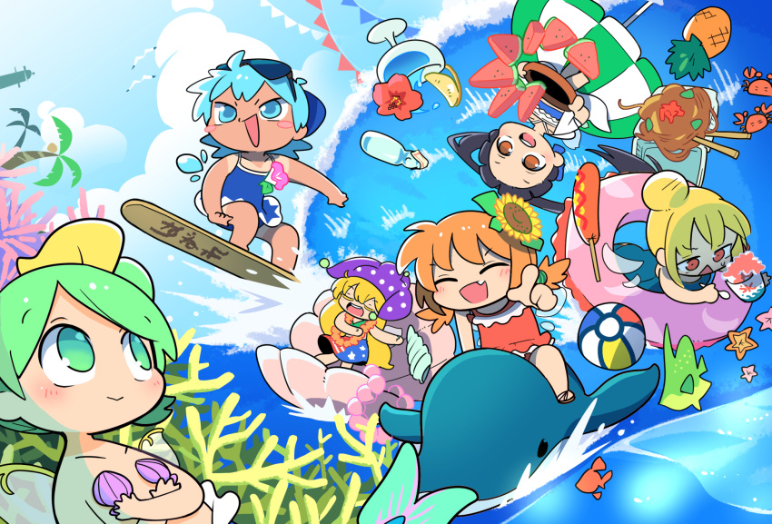 6+girls adapted_costume american_flag_dress aqua_eyes aqua_hair ball beach_volleyball black_hair blonde_hair blue_dress buoy cirno clownpiece coconut_tree corn_dog crab cupping_glass daiyousei dolphin dress dress_swimsuit eyewear_on_head fairy fairy_wings fins fish flower flower_necklace food frilled_dress frills fruit green_eyes green_hair hair_bun hat highres ice_cream_cup jester_cap jewelry luna_child moyazou_(kitaguni_moyashi_seizoujo) multiple_girls necklace noodles orange_dress orange_eyes orange_hair palm_tree pineapple pointing polka_dot popsicle_stick red_eyes riding seashell shell shell_bikini shirt_tan star_sapphire starfish sunflower sunglasses sunny_milk surfing sweatdrop tan tanline touhou tree tupet watermelon watermelon_slice waves wings