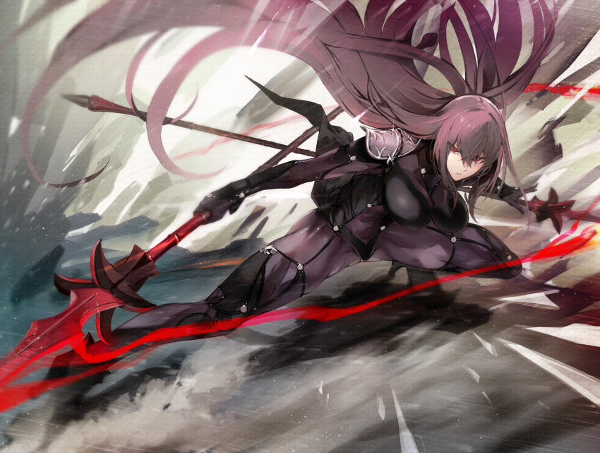 1girl armor bangs bodysuit breasts crossed_bangs dual_wielding fate/grand_order fate_(series) full_body gae_bolg_(fate) hair_between_eyes high_heels highres holding holding_spear holding_weapon large_breasts long_hair nishiide_kengorou outstretched_leg parted_lips pauldrons polearm purple_bodysuit purple_hair red_eyes scathach_(fate) scathach_(fate)_(all) shoulder_armor solo spear spread_legs thighs weapon