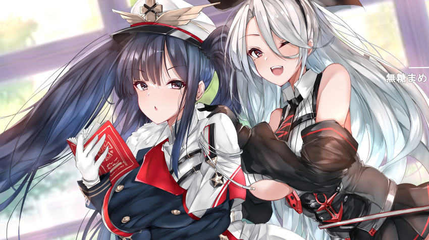 2girls anchor_symbol arm_under_breasts azur_lane background_text bare_shoulders black_coat black_gloves black_hair black_neckwear black_sleeves book breasts buttons cape close-up coat commentary_request crop_top detached_sleeves double-breasted fur-trimmed_cape fur-trimmed_coat fur_trim gloves hair_ribbon hat high-waist_skirt highres indoors kanji large_breasts long_hair looking_at_viewer medal microskirt military military_uniform mole mole_under_eye multiple_girls mutou_(94753939) necktie one_eye_closed open_mouth peaked_cap peter_strasser_(azur_lane) pleated_skirt prinz_heinrich_(azur_lane) reading red_eyes ribbon skirt translation_request twintails two-tone_coat under_boob uniform very_long_hair white_coat white_gloves white_hair white_headwear