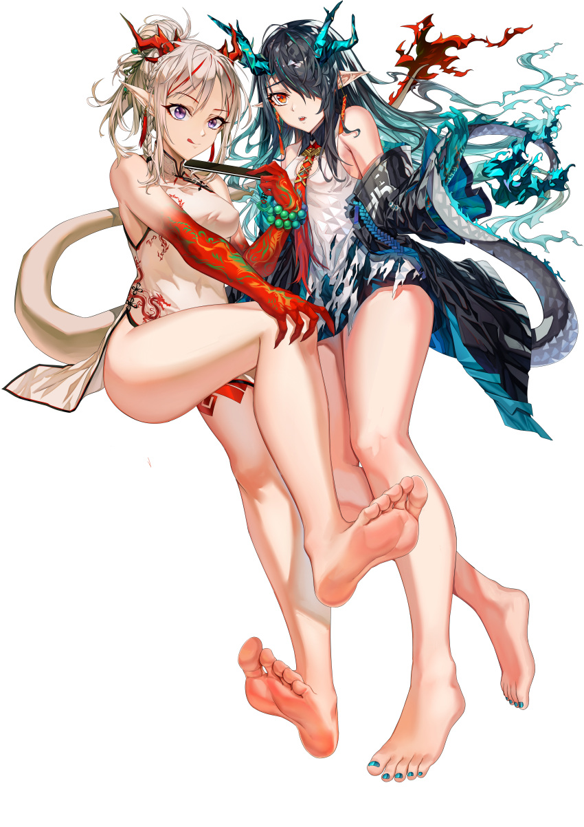 2girls absurdres arknights bare_legs barefoot bead_bracelet beads black_coat blue_eyes bracelet china_dress chinese_clothes coat colored_skin commentary_request dragon_girl dragon_horns dragon_tail dress dusk_(arknights) feet gradient_skin green_skin hair_over_one_eye highres horns huge_filesize jewelry legs long_hair multicolored_hair multiple_girls nian_(arknights) nian_(unfettered_freedom)_(arknights) official_alternate_costume pointy_ears red_bandeau red_eyes red_skin simple_background sleeveless sleeveless_dress soles streaked_hair tail toes white_background white_coat white_dress xo_(xo17800108)