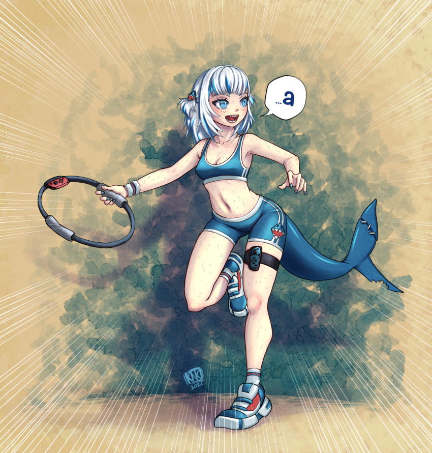 bangs bike_shorts blue_eyes blue_hair blunt_bangs breasts controller exercise fish_tail gawr_gura hair_ornament highres hololive hololive_english holomyth kaosnokamisama nail_polish navel nintendo ring-con ring_fit_adventure shark_girl shark_hair_ornament shark_tail sharp_teeth shoes silver_hair small_breasts sneakers sports_bra sportswear stitches sweat tail teeth virtual_youtuber wristband