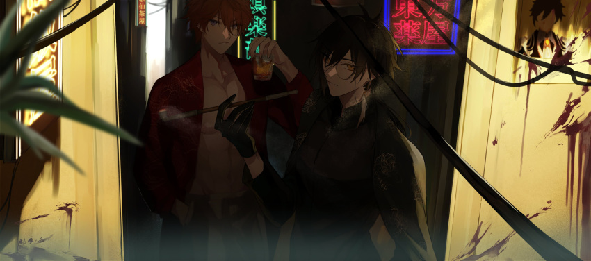 2boys abs absurdres alcohol alley alternate_costume bangs bespectacled black_gloves black_hair blood blood_splatter blue_eyes chinese_clothes closed_mouth cup earrings eyebrows_visible_through_hair genshin_impact glasses gloves hair_between_eyes hand_in_pocket highres holding holding_cup jewelry long_sleeves male_focus multiple_boys neon_lights open_clothes orange_hair pectorals pipe shinsen_genkaku single_earring tartaglia_(genshin_impact) tassel tassel_earrings toned toned_male yellow_eyes zhongli_(genshin_impact)
