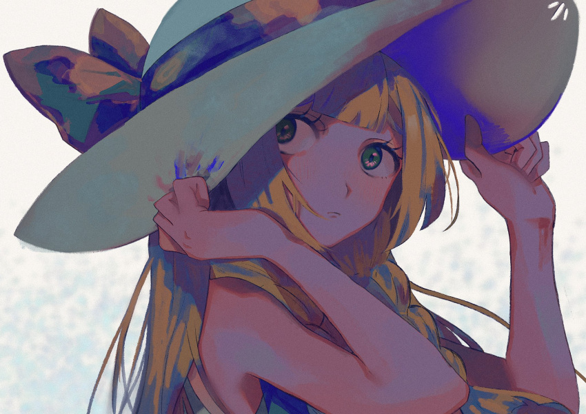 1girl bangs blonde_hair blush braid closed_mouth commentary_request eyelashes from_side green_eyes hands_on_headwear hat hat_ribbon highres karin_(nasi0402) lillie_(pokemon) long_hair looking_back pokemon pokemon_(game) pokemon_sm ribbon solo sun_hat upper_body