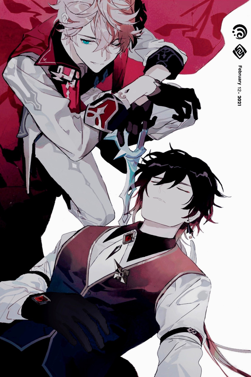 2boys bangs black_gloves black_hair blue_eyes brown_hair cape closed_eyes crossed_bangs dated dmbjia genshin_impact gloves hair_between_eyes highres holding holding_weapon jacket jewelry long_hair long_sleeves lying male_focus mask mask_on_head multicolored_hair multiple_boys necktie on_back one_eye_closed pants red_cape shirt single_earring squatting tartaglia_(genshin_impact) vest weapon zhongli_(genshin_impact)
