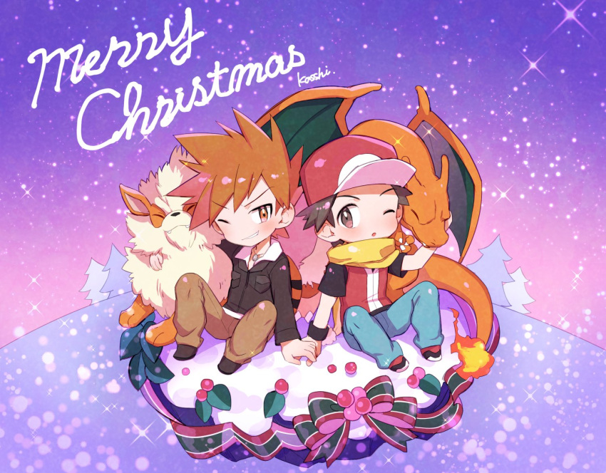 2boys arcanine baseball_cap blue_oak blush brown_eyes brown_footwear brown_hair brown_pants charizard christmas_cake commentary_request fire flame gen_1_pokemon hat holding_hand jacket jewelry kashiwa_(kasshiwa10) long_sleeves male_focus merry_christmas multiple_boys necklace one_eye_closed orange_hair pants pokemon pokemon_(game) pokemon_frlg pokemon_hgss red_(pokemon) red_headwear scarf shoes short_sleeves signature sitting spiky_hair spread_legs tree yellow_scarf