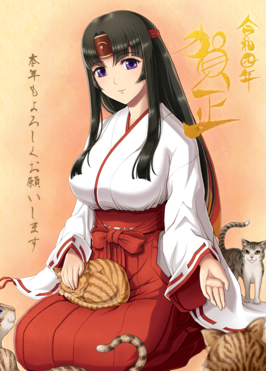 1girl absurdres animal_on_lap black_hair breasts cat cat_on_lap closed_mouth hakama headband highres japanese_clothes kimono kneeling large_breasts long_hair long_sleeves miko mucoro musha_miko_tomoe on_lap queen's_blade red_hakama ribbon-trimmed_sleeves ribbon_trim shiny shiny_hair smile solo tomoe very_long_hair violet_eyes white_kimono wide_sleeves