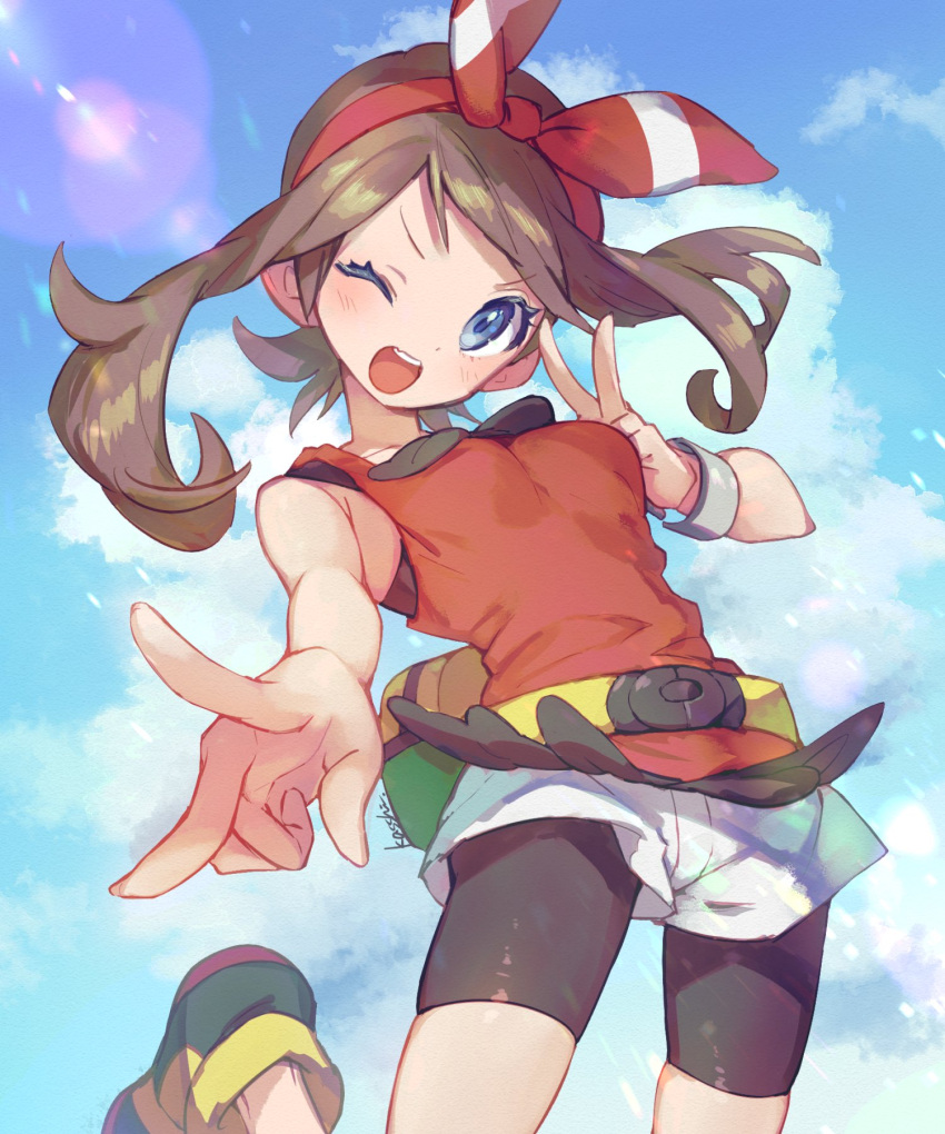 1girl ;d bike_shorts blush bow_hairband bracelet breasts brown_hair clouds commentary_request day double_v eyelashes fanny_pack floating_hair grey_eyes hairband hand_up highres jewelry kashiwa_(kasshiwa10) lens_flare long_hair looking_at_viewer may_(pokemon) one_eye_closed open_mouth outdoors pokemon pokemon_(game) pokemon_oras red_hairband red_shirt shirt shoes shorts sky sleeveless sleeveless_shirt smile solo teeth tongue v white_shorts yellow_bag