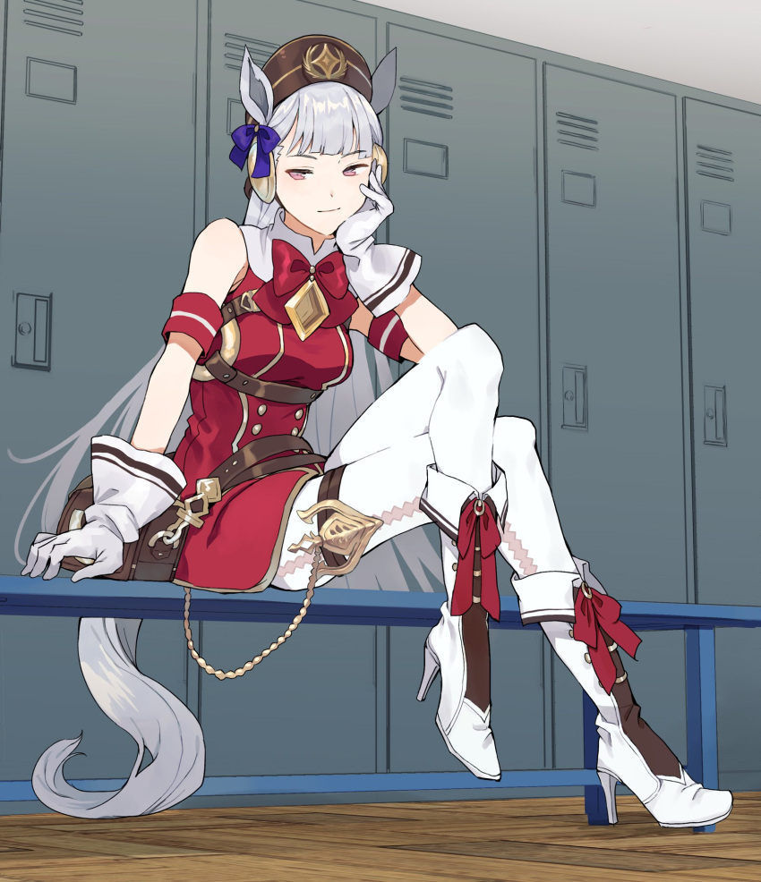 1girl animal_ears armband bag belt bench black_headwear blue_ribbon boots bow bowtie breasts brown_belt buttons closed_mouth commentary crossed_legs double-breasted dress full_body gloves gold_ship_(umamusume) hair_ribbon hand_on_own_cheek hand_on_own_face hat high_heel_boots high_heels highres horse_ears horse_tail kurodeko light_smile locker locker_room long_hair looking_at_viewer looking_to_the_side medium_breasts pants red_bow red_dress red_neckwear ribbon satchel silver_hair sitting solo strap tail tight tight_pants umamusume violet_eyes white_footwear white_gloves white_pants wooden_floor