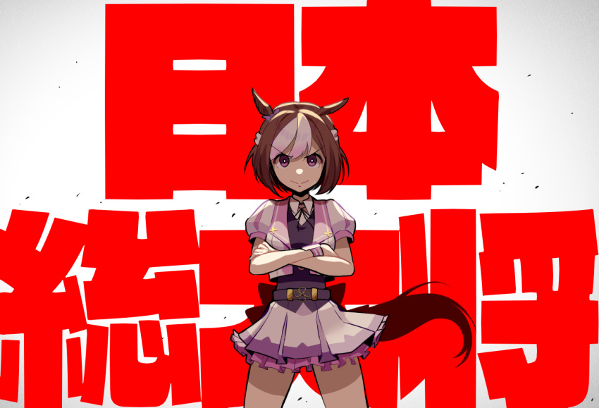1girl animal_ears background_text belt blouse blue_shirt braid bright_pupils brown_hair commentary_request crossed_arms french_braid gunbuster_pose haibarasaika horse_ears horse_girl horse_tail multicolored_hair pink_blouse pink_eyes pink_hair pink_skirt shirt skirt solo special_week_(umamusume) streaked_hair tail translation_request two-tone_hair umamusume white_pupils