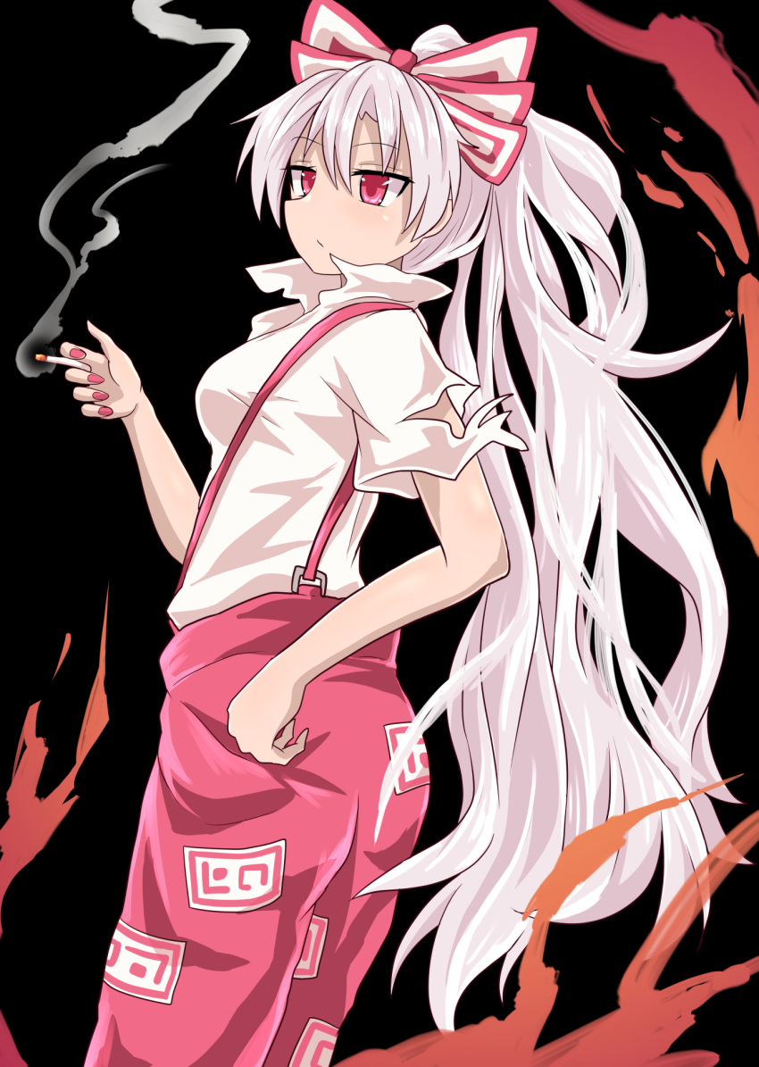 1girl bangs black_background bow chups closed_mouth collared_shirt eyebrows_visible_through_hair fire from_side fujiwara_no_mokou hair_between_eyes hair_bow half-closed_eyes highres long_hair ofuda ofuda_on_clothes pants red_eyes red_nails red_pants shirt short_sleeves simple_background smoke solo standing suspenders torn_clothes torn_sleeves touhou very_long_hair white_hair white_shirt