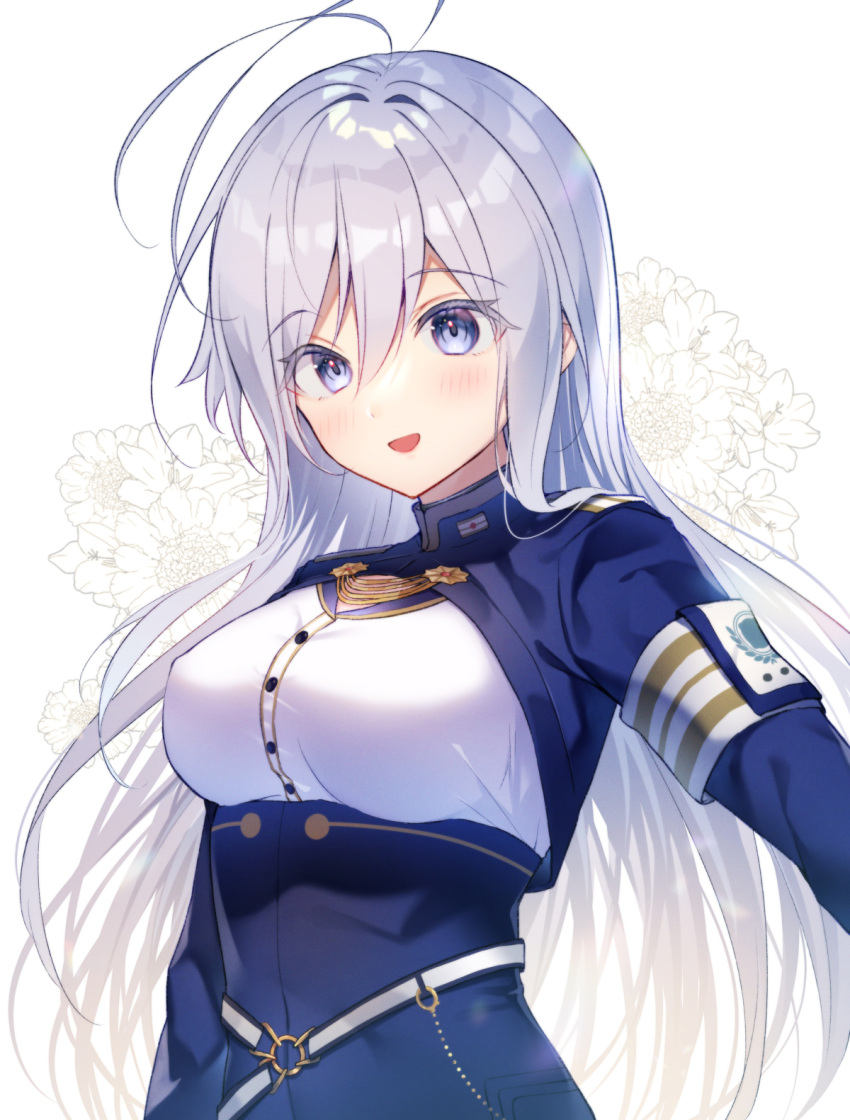 1girl 86_-eightysix- :d antenna_hair armband bangs blue_eyes blue_jacket blush breasts commentary_request eyebrows_visible_through_hair floral_background gyozanuko hair_between_eyes highres jacket long_hair long_sleeves medium_breasts open_mouth shirt silver_hair simple_background smile solo upper_body very_long_hair vladilena_millize white_background white_shirt