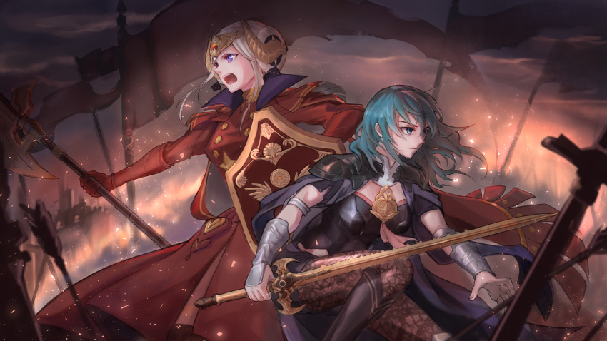 2girls arrow_(projectile) axe blue_hair byleth_(fire_emblem) byleth_eisner_(female) cape clouds cloudy_sky edelgard_von_hresvelg embers fire_emblem fire_emblem:_three_houses flag highres horned_headwear lin_(cloverholic) multiple_girls red_cape shield silver_hair sky sword sword_of_the_creator tiara violet_eyes weapon