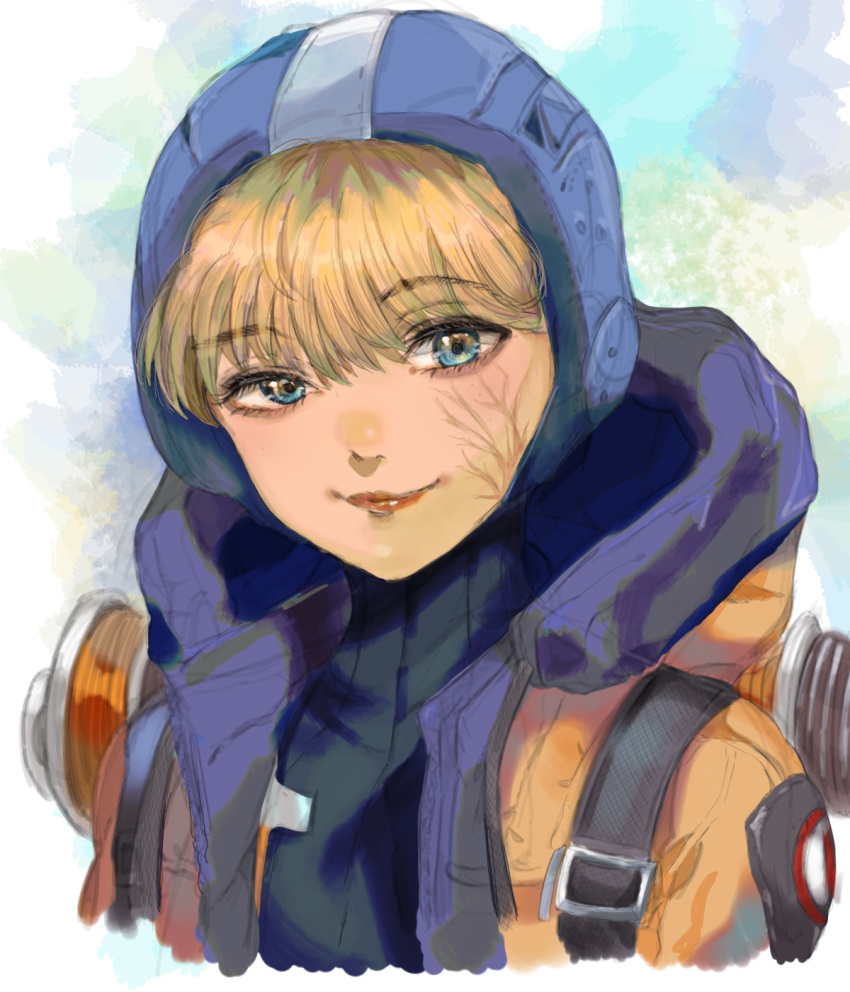 1girl apex_legends backpack bag bangs blonde_hair blue_eyes blue_headwear cropped_torso highres hood hooded_jacket jacket kayanogura lichtenberg_figure looking_at_viewer orange_jacket scar scar_on_cheek scar_on_face smile solo upper_body wattson_(apex_legends)