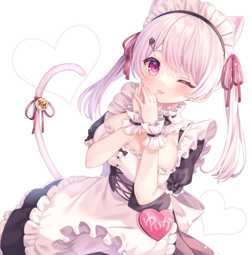 1girl ;p absurdres alternate_costume animal_ear_fluff animal_ears apron bangs black_dress blush breasts cat_ears cat_girl cat_tail commentary_request corset dress enmaided eyebrows_visible_through_hair frilled_apron frills hair_ornament hair_ribbon hairpin hands_up heart highres kemonomimi_mode komachi_pochi large_breasts long_hair looking_at_viewer maid maid_apron maid_headdress nijisanji one_eye_closed own_hands_together pink_hair red_ribbon ribbon shiina_yuika short_sleeves solo tail tail_raised tongue tongue_out twintails underbust violet_eyes virtual_youtuber white_apron white_background wrist_cuffs