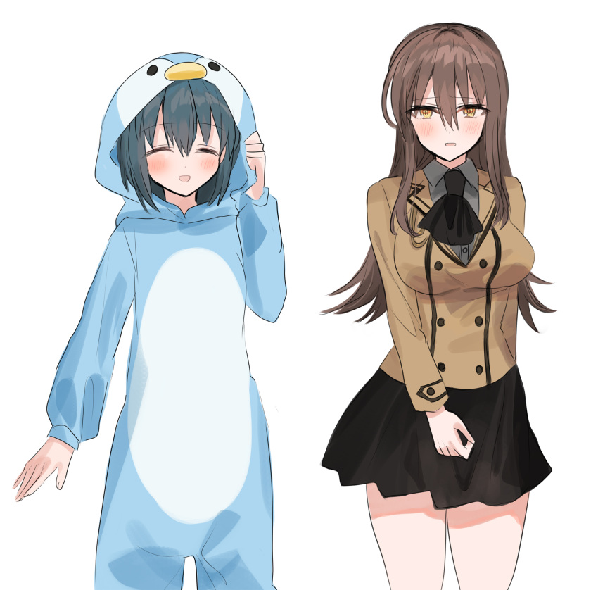 2girls :d ^_^ absurdres animal_costume animal_hood ascot bangs black_neckwear black_skirt blue_hair blush borrowed_character breasts brown_hair brown_jacket chihuri closed_eyes collared_shirt dress_shirt eyebrows_visible_through_hair facing_viewer grey_shirt hair_between_eyes hand_up highres hood hood_up jacket long_sleeves looking_at_viewer medium_breasts multiple_girls open_mouth original parted_lips penguin_costume penguin_hood pleated_skirt puffy_long_sleeves puffy_sleeves shirt simple_background skirt smile white_background yellow_eyes