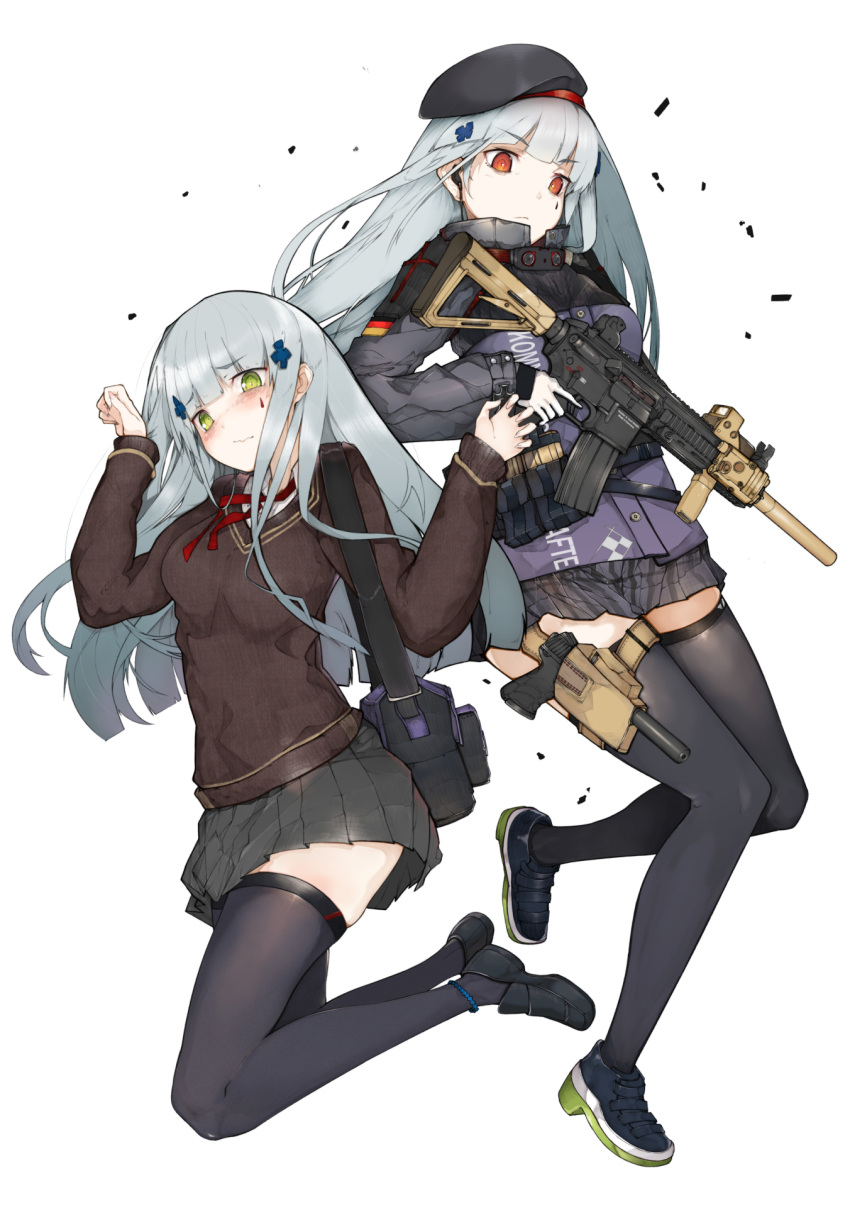 2girls alternate_eye_color ammunition_pouch assault_rifle bag bangs beret black_footwear black_legwear black_skirt blue_hair blunt_bangs blush brown_sweater clenched_hand commentary cross_hair_ornament dual_persona earphones earplugs ekuesu embarrassed english_commentary eyebrows eyebrows_visible_through_hair facial_mark frown german_flag girls_frontline gloves green_eyes gun h&amp;k_hk416 hair_ornament handgun hands_up hat highres hk416_(girls_frontline) holding holding_weapon holstered_weapon jacket jumping loafers long_hair looking_at_viewer looking_away multiple_girls optical_sight pouch purple_jacket red_eyes rifle school_uniform scope serafuku shoes shoulder_bag sight silver_hair skirt sneakers suppressor sweater tactical_clothes tattoo teardrop teardrop_facial_mark teardrop_tattoo thigh-highs trigger_discipline vertical_foregrip weapon white_gloves