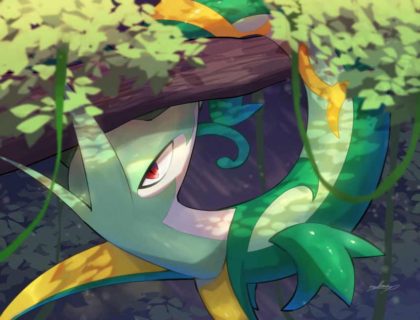 blurry blurry_foreground commentary_request from_above gen_5_pokemon highres looking_at_viewer looking_back no_humans nullma plant pokemon pokemon_(creature) red_eyes serperior signature solo vines