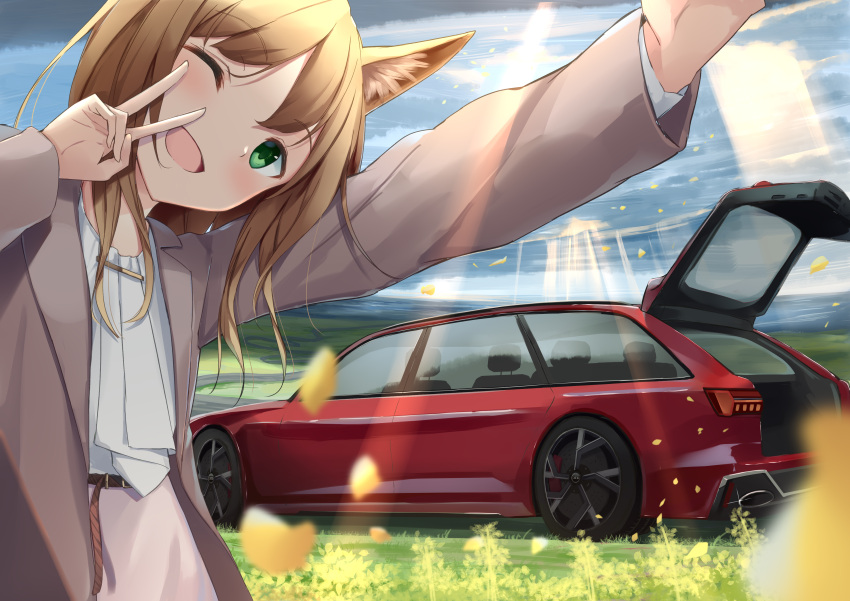 1girl ;d absurdres akinakesu-chan animal_ear_fluff animal_ears arm_up bangs blush brown_hair car clouds cloudy_sky commentary_request day eyebrows_visible_through_hair field green_eyes grey_jacket grey_skirt ground_vehicle hair_between_eyes head_tilt highres jacket long_hair long_sleeves looking_at_viewer motor_vehicle one_eye_closed open_clothes open_jacket open_mouth original outdoors petals shirt skirt sky smile solo sunlight v vehicle_request white_shirt