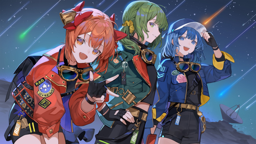 3girls :d absurdres backpack bag bell bell_(rbb) black_bag black_choker black_gloves black_shorts blue_(rbb) blue_eyes blue_hair blue_jacket bow choker chyoel fang fingerless_gloves gloves goggles goggles_around_neck green_eyes green_hair green_jacket hair_bell hair_bow hair_ornament hand_on_headwear hand_up highres jacket leaning_forward looking_at_viewer medium_hair multiple_girls night night_sky open_clothes open_jacket open_mouth orange_eyes orange_hair orange_jacket outdoors rainy_(rbb) rainybluebell red_bow shooting_star short_shorts shorts sky smile w wristband yellow_belt