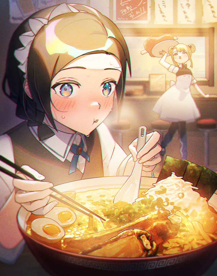 agyou_sonokou_l black_hair blue_eyes blush chopsticks eating egg food highres looking_at_viewer maid noodles original ramen short_hair short_sleeves spoon