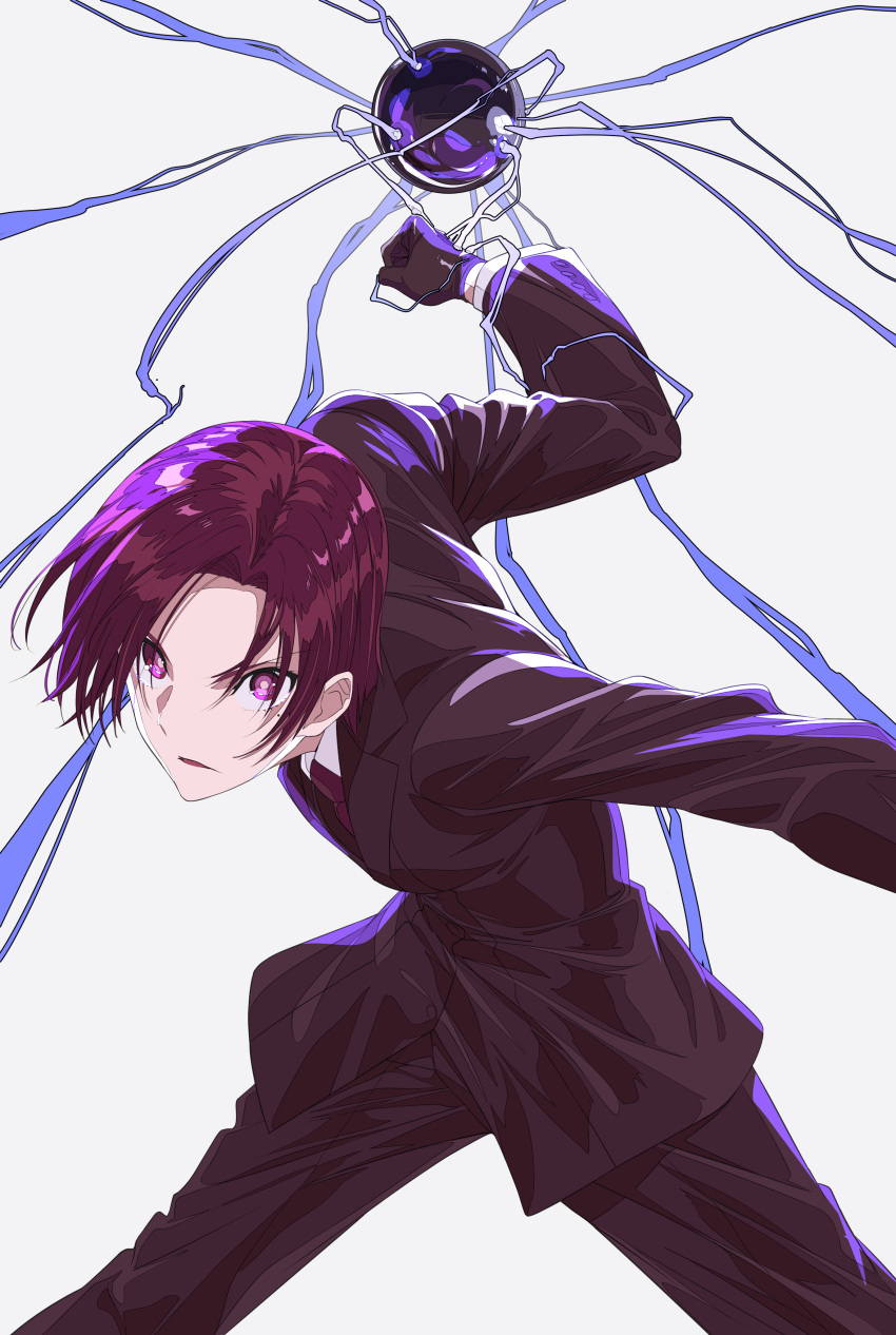 1girl absurdres action bangs bazett_fraga_mcremitz black_gloves brown_jacket brown_pants clenched_hand fate/hollow_ataraxia fate_(series) feet_out_of_frame formal gloves grey_background highres jacket leaning_forward legs_apart long_sleeves looking_at_viewer necktie outstretched_arms pant_suit pants parted_bangs red_eyes red_neckwear redhead shirt short_hair simple_background solo spread_arms suit suit_jacket white_shirt xtango